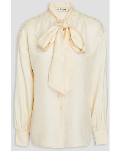 Tory Burch Pussy-bow Silk-jacquard Blouse - Natural