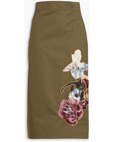 Valentino Garavani Foral-appliquéd Cotton-twill Midi Skirt - Brown