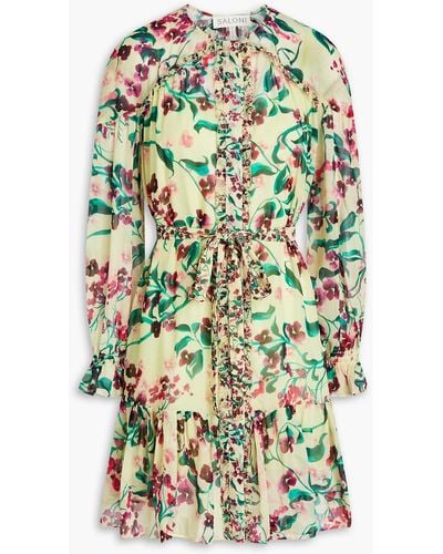 Saloni Pixie Ruffled Floral-print Silk-chiffon Mini Dress - Green