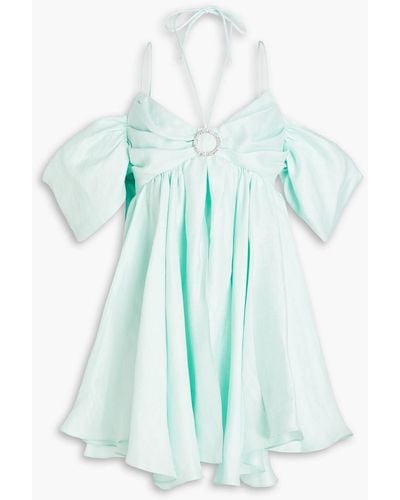 Rasario Cold-shoulder Embellished Gathered Linen-blend Mini Dress - Blue