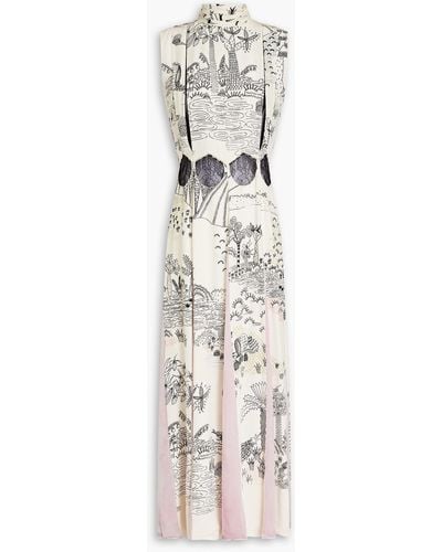 Valentino Garavani Printed Velvet-paneled Silk Crepe De Chine Midi Dress - White