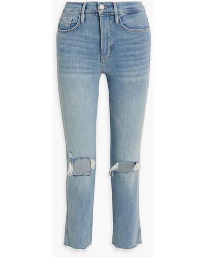 FRAME Cropped Distressed High-rise Slim-leg Jeans - Blue