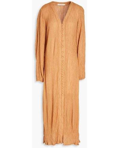 Savannah Morrow Crinkled Bamboo And Silk-blend Midi Shirt Dress - Orange