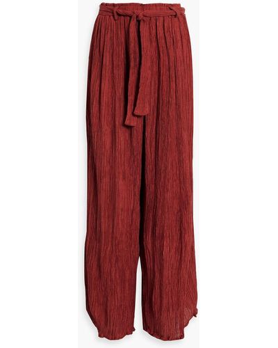 Savannah Morrow Elle Plissé Silk, Hemp, Bamboo And Cotton-blend Wide-leg Pants - Red