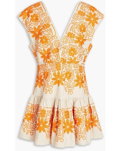 Maje Embroidered Cotton And Linen-blend Mini Dress - Orange