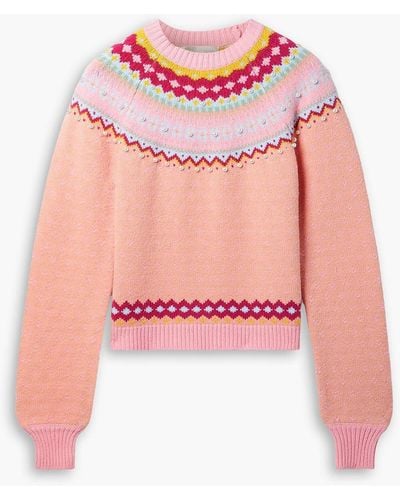 LoveShackFancy Crawley Faux Pearl-embellished Fair Isle Cotton-blend Sweater - Pink