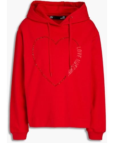 Love Moschino Crystal-embellished Printed Cotton-blend Fleece Hoodie - Red