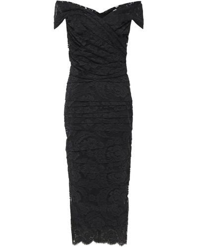 Dolce & Gabbana Off-the-shoulder Pleated Lace Midi Dress - Black