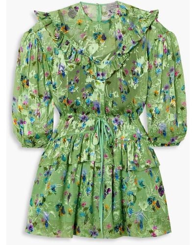 Preen By Thornton Bregazzi Florence Ruffled Floral-print Devoré-chiffon Mini Dress - Green