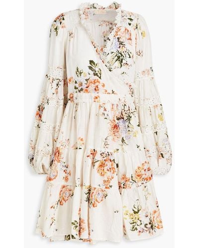 byTiMo Gathered Floral-print Cotton Mini Wrap Dress - Natural