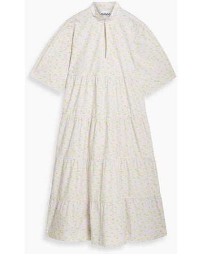 Ganni Tiered Floral-print Cotton-poplin Midi Dress - White