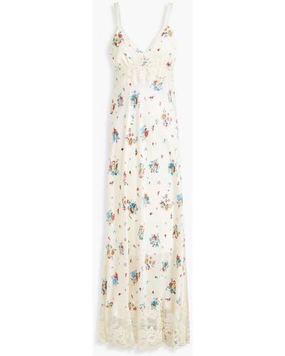 Rabanne Chantilly Lace-trimmed Floral-print Satin Maxi Dress - White