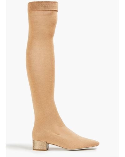 Rene Caovilla Grace Crystal-embellished Stretch-knit Over-the-knee Sock Boots - Natural