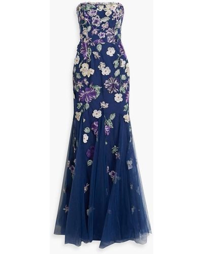 Marchesa Strapless Embroidered Tulle Gown - Blue