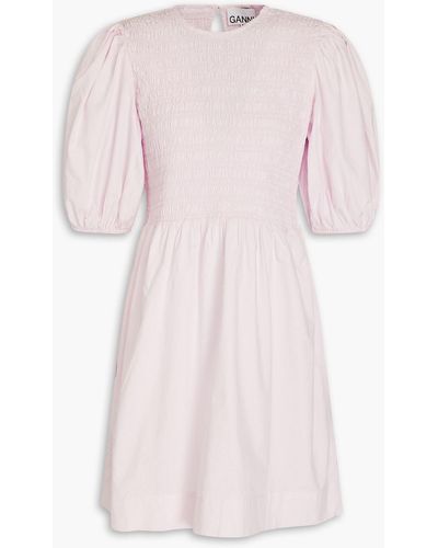 Ganni Shirred Cotton-poplin Mini Dress - Pink