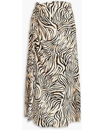 Nicholas Lia Ruched Zebra-print Satin Midi Skirt - Natural