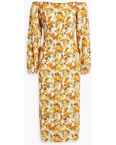 Onia Off-the-shoulder Shirred Floral-print Linen-blend Midi Dress - Metallic