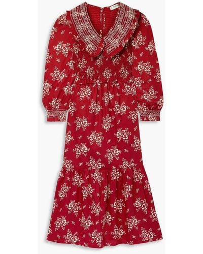 Sea Alessia Ruffled Shir Floral-print Cotton Midi Dress - Red