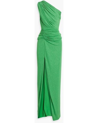 Rhea Costa One-shoulder Ruched Glittered Jersey Gown - Green