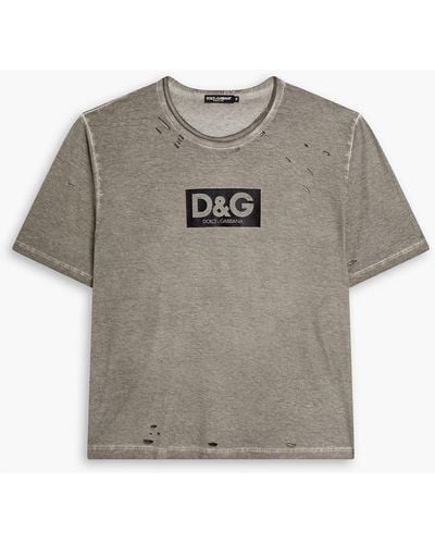 Dolce & Gabbana Distressed Logo-print Cotton-jersey Shirt - Grey
