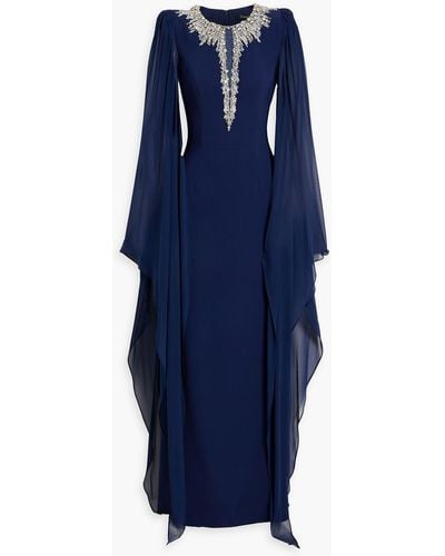 Jenny Packham Embellished Draped Silk-chiffon And Crepe Gown - Blue