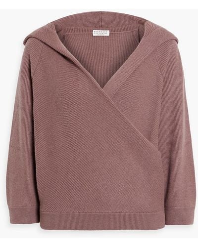 Brunello Cucinelli Wrap-effect Ribbed Cashmere Hooded Sweater - Purple