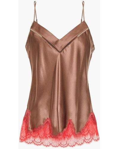 Simone Perele Chantilly Lace-trimmed Silk-blend Satin Camisole - Brown