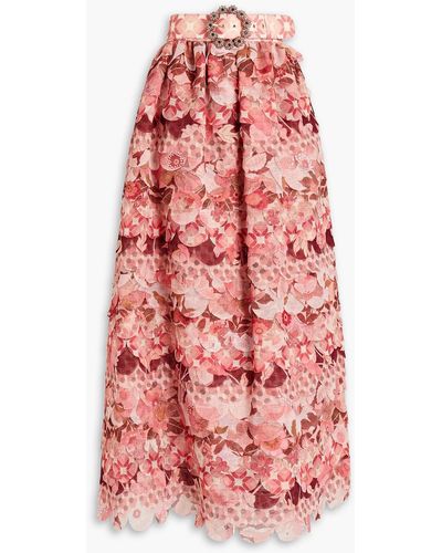 Zimmermann Tiered Embellished Floral-print Gauze Maxi Skirt - Pink