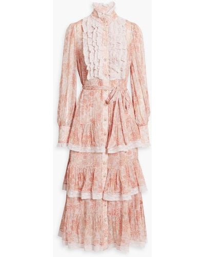 Zimmermann Lace-trimmed Ruffled Georgette Midi Dress - Pink