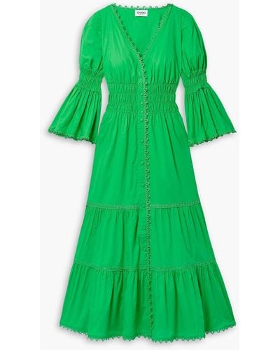Charo Ruiz Lipa Lace-trimmed Shirred Cotton-blend Poplin Maxi Dress - Green