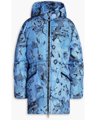Ganni Margarita Oversized Quilted Printed Shell Hooded Jacket - Blue