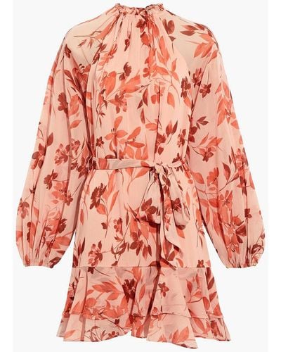 ML Monique Lhuillier Sienna Foliage Belted Ruffled Floral-print Georgette Mini Dress - Multicolor