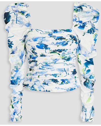Aje. Marlene Pleated Floral-print Cotton Top - Blue