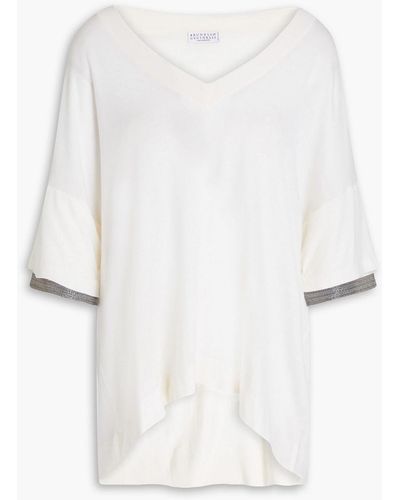 Brunello Cucinelli Bead-embellished Wool And Cashmere-blend Top - White