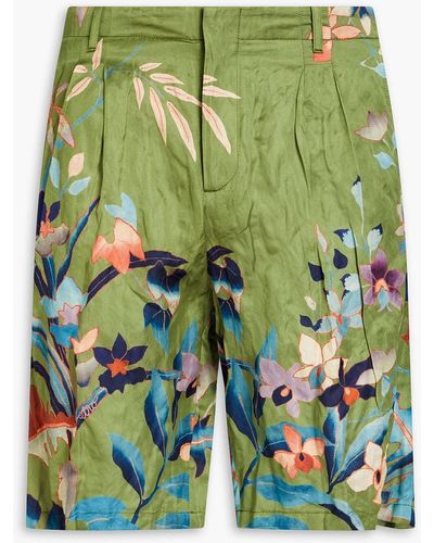 Etro Pleated Floral-print Satin Shorts - Green