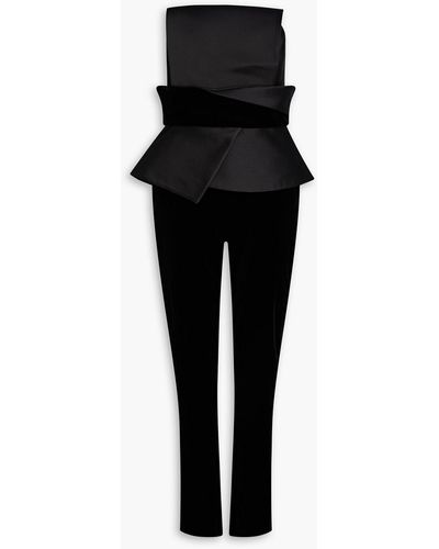 Zuhair Murad Strapless Crepe-paneled Velvet Peplum Jumpsuit - Black