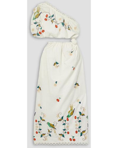 FARM Rio Pitanga One-sleeve Embroidered Cutout Linen-blend Voile Maxi Dress - White