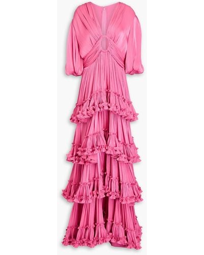 Costarellos Tiered Metallic Plissé-satin Gown - Pink