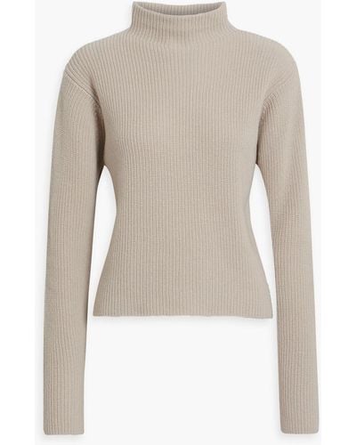 Iris & Ink Olive Ribbed Merino Wool Turtleneck Sweater - Natural