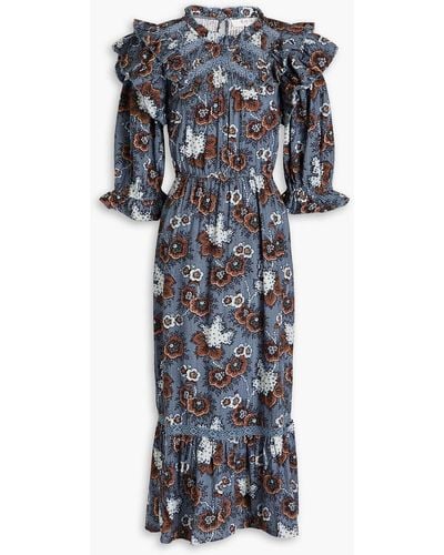Sea Lucinda Ruffled Floral-print Cotton Midi Dress - Blue