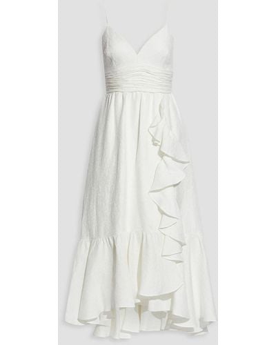 THEIA Wrap-effect Tiered Ruffled Jacquard Midi Dress - White