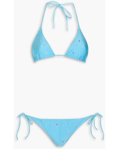 Alessandra Rich Embellished Halterneck Triangle Bikini - Blue
