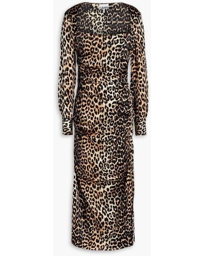 Ganni Ruched Leopard-print Silk-blend Satin Midi Dress - Multicolour