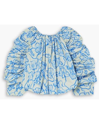 Dries Van Noten Gathered Floral-print Cloqué Blouse - Blue