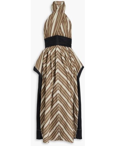 Tory Burch Linen-paneled Striped Cotton-poplin Halterneck Maxi Dress - Metallic