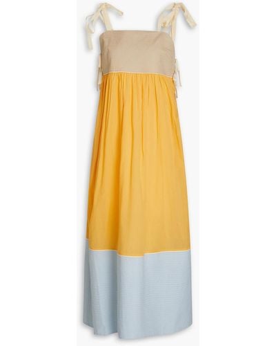 Tory Burch Gathered Color-block Cotton-mousseline Dress - Yellow