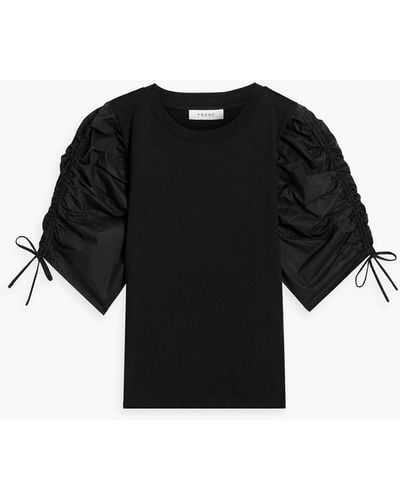 FRAME Ruched Cotton-poplin And Jersey Top - Black