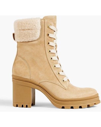 Veronica Beard Westport Lace-up Shearling-trimmed Suede Ankle Boots - Natural