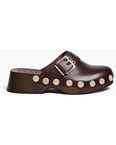 Ganni Studded Leather Clogs - Brown