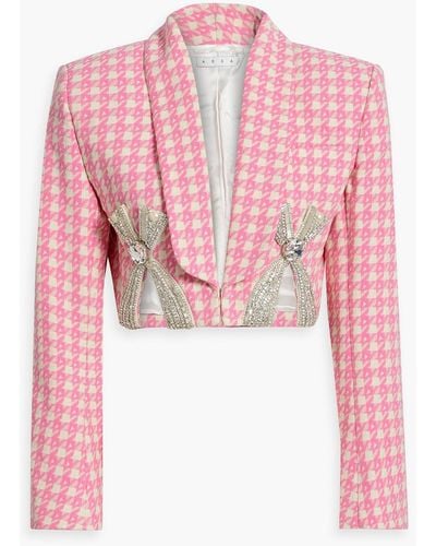 Area Cropped Embellished Houndstooth Wool-blend Tweed Blazer - Pink